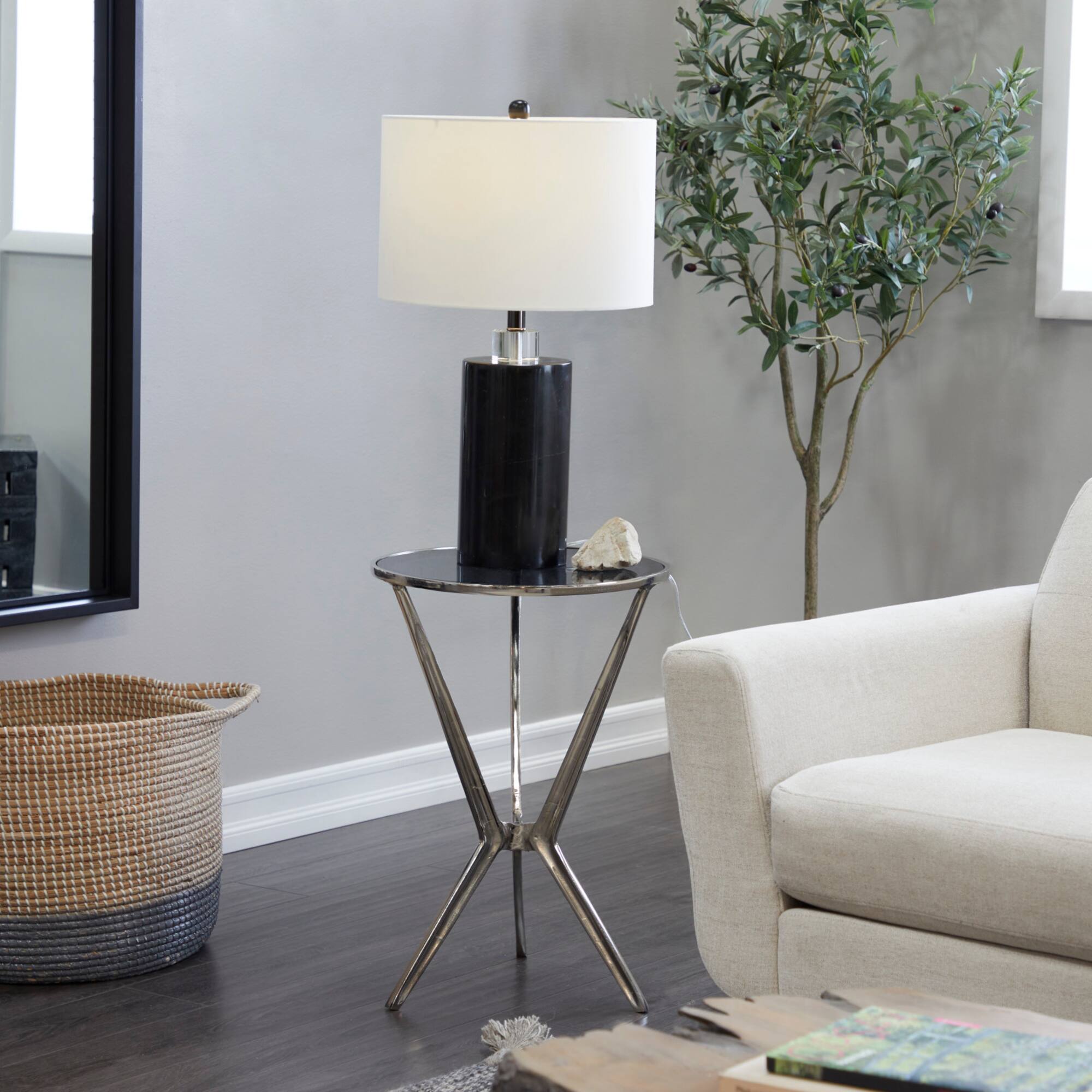 Silver Aluminum Hourglass Shaped Stand Accent Table with Clear Glass Top 16" x 16" x 24"